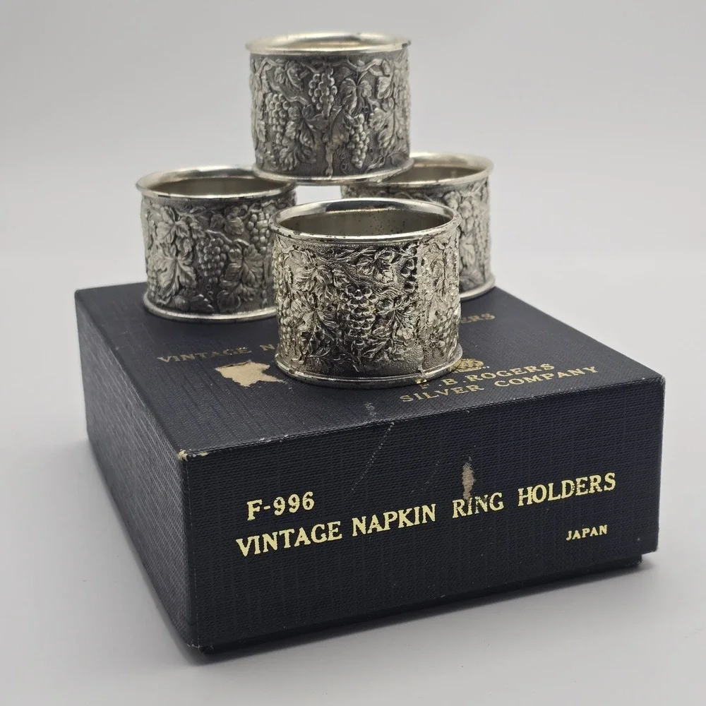 Vintage‎ F.B. Rogers Silver Co. Grape Vine Napkin Rings Set of 4 F-996 Japan